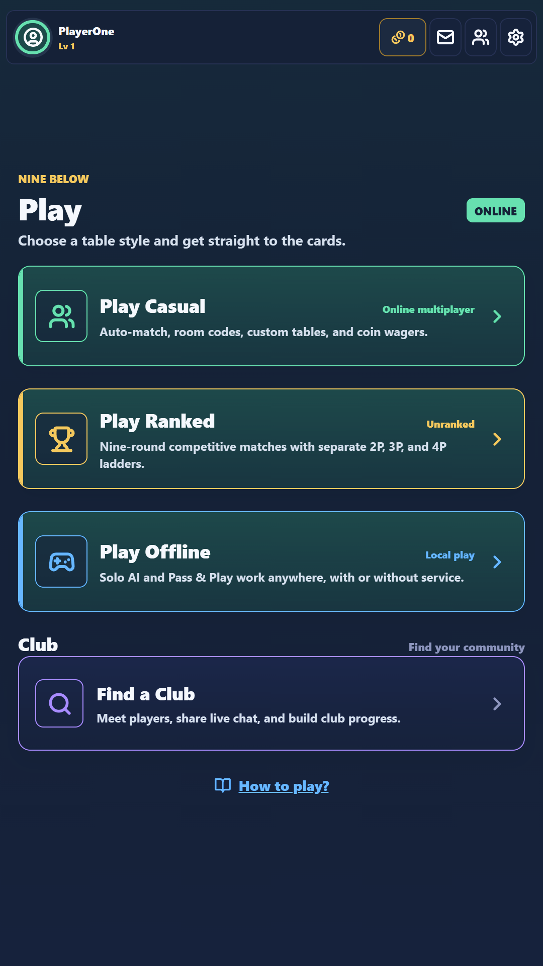 Nine Below play hub with casual, ranked, and offline modes.