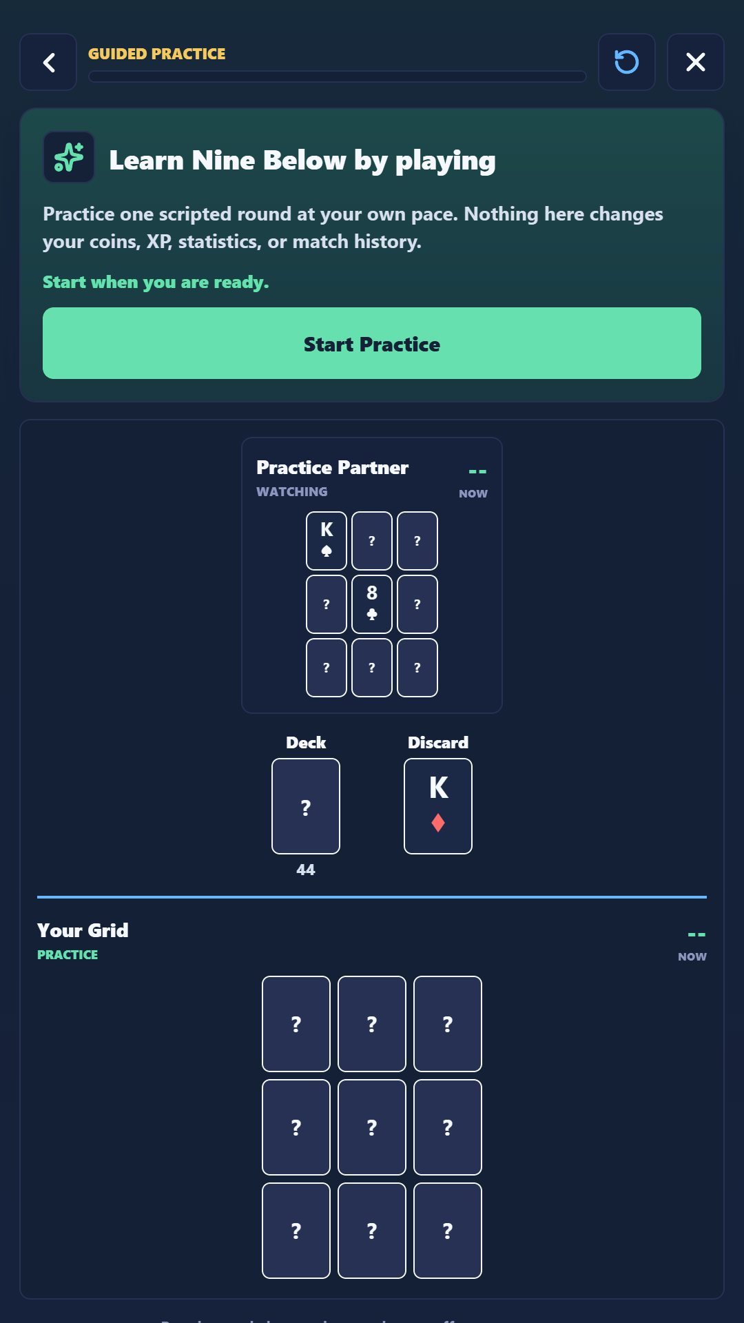 The guided Nine Below tutorial explaining a card decision.